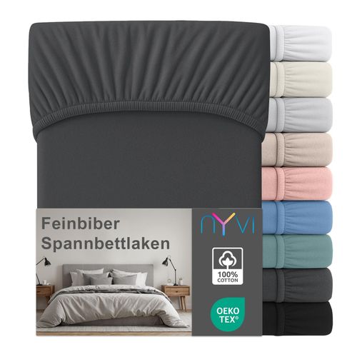 4255636667325 - NYVI Feinbiber Spannbettlaken Deluxe für Matratzen bis 25 cm Steghöhe - Extra Warm & Weich 100% Baumwolle Bügelfrei Vorgekrumpft FarbeAnthrazit Größe90x200 cm