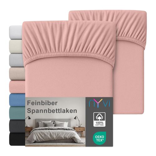 4255636669633 - NYVI Feinbiber Spannbettlaken Deluxe für Matratzen bis 25 cm Steghöhe - Extra Warm & Weich 100% Baumwolle Bügelfrei Vorgekrumpft FarbeAltrosa Größe180x200 cm (2er Set)