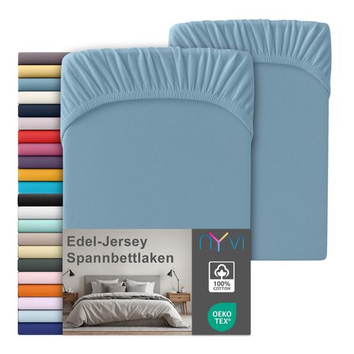 4255636668995 - NYVI Edel Jersey Spannbettlaken Deluxe für Matratzen bis 25 cm Steghöhe - 100% Baumwolle supergekämmt 140g m² Rundumgummizug FarbeStahlblau Größe180-200 x 200 cm (2er Set)