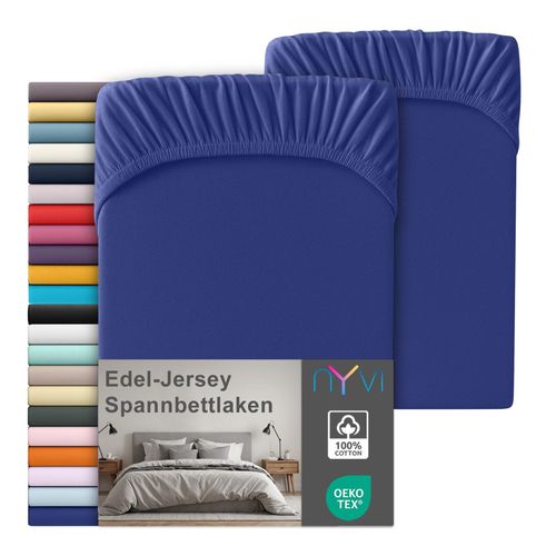 4255636668858 - NYVI Edel Jersey Spannbettlaken Deluxe für Matratzen bis 25 cm Steghöhe - 100% Baumwolle supergekämmt 140g m² Rundumgummizug FarbeRoyalblau Größe90-100 x 200 cm (2er Set)