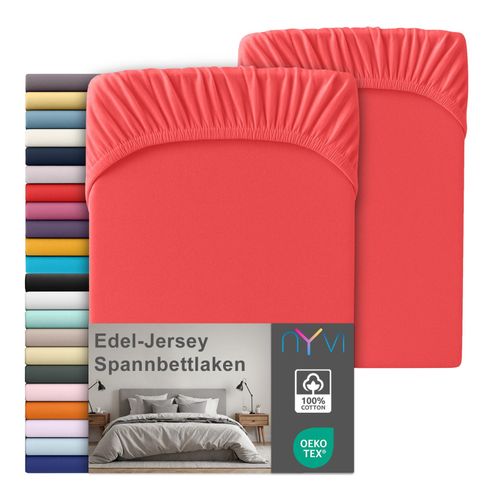 4255636669107 - NYVI Edel Jersey Spannbettlaken Deluxe für Matratzen bis 25 cm Steghöhe - 100% Baumwolle supergekämmt 140g m² Rundumgummizug FarbeRot Größe140-160 x 200 cm (2er Set)