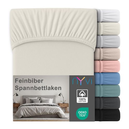 4255636667271 - NYVI Feinbiber Spannbettlaken Deluxe für Matratzen bis 25 cm Steghöhe - Extra Warm & Weich 100% Baumwolle Bügelfrei Vorgekrumpft FarbeCreme Größe90x200 cm