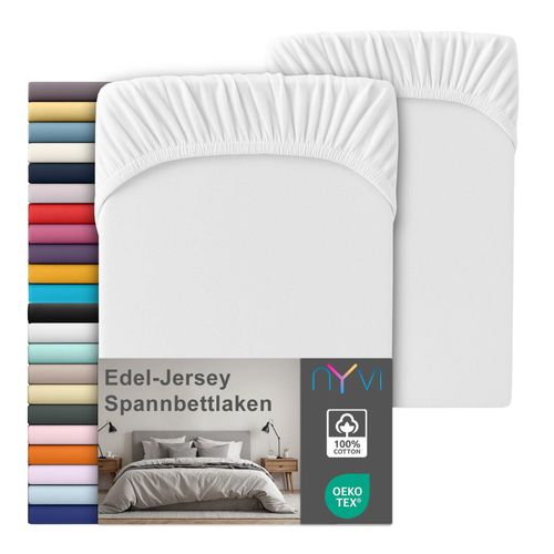 4255636668476 - NYVI Edel Jersey Spannbettlaken Deluxe für Matratzen bis 25 cm Steghöhe - 100% Baumwolle supergekämmt 140g m² Rundumgummizug FarbeWeiß Größe90-100 x 220 cm (2er Set)