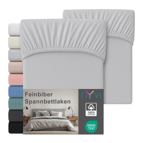 4255636669572 - NYVI Feinbiber Spannbettlaken Deluxe für Matratzen bis 25 cm Steghöhe - Extra Warm & Weich 100% Baumwolle Bügelfrei Vorgekrumpft FarbeSilber Größe140x200 cm (2er Set)