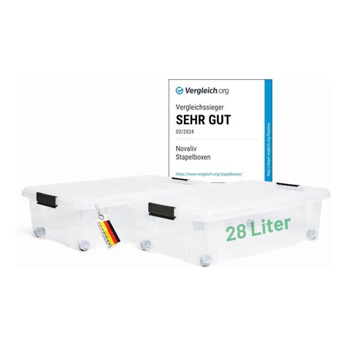 4251888511744 - Novaliv 2x Unterbettkommode mit Rollen 28L Aufbewahrungsbox Deckel transparente Nestbar stapelbare mit Clipverschluss Rollkiste BPA-frei 61x40x17 cm