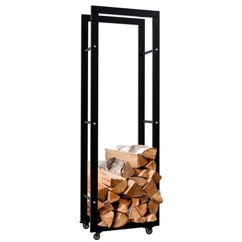 4255716340674 - Kaminholzständer Keri mit Rollen I Kaminholzregal aus schwarzem Metall I Aufbewahrung für Brennholz