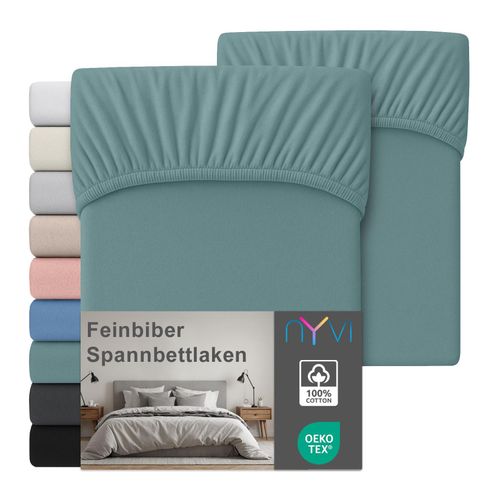 4255636669503 - NYVI Feinbiber Spannbettlaken Deluxe für Matratzen bis 25 cm Steghöhe - Extra Warm & Weich 100% Baumwolle Bügelfrei Vorgekrumpft FarbeLindgrün Größe90x200 cm (2er Set)