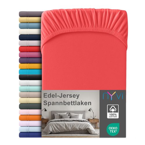 4255636667028 - NYVI Edel Jersey Spannbettlaken Deluxe für Matratzen bis 25 cm Steghöhe - 100% Baumwolle supergekämmt 140g m² Rundumgummizug FarbeRot Größe140-160 x 200 cm