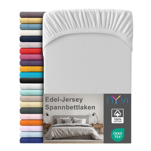 4255636667103 - NYVI Edel Jersey Spannbettlaken Deluxe für Matratzen bis 25 cm Steghöhe - 100% Baumwolle supergekämmt 140g m² Rundumgummizug FarbeSilber Größe90-100 x 200 cm
