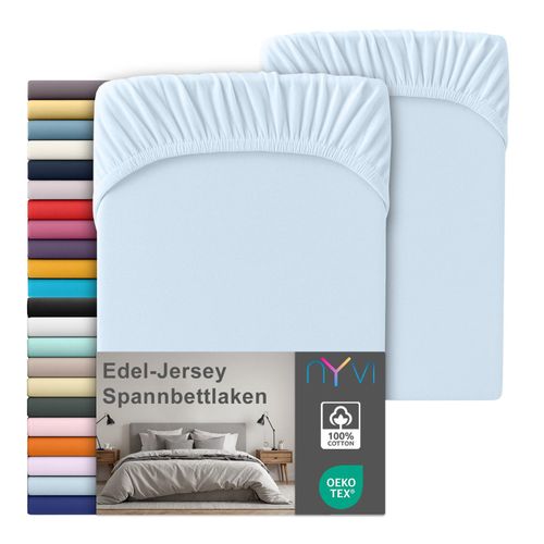 4255636668797 - NYVI Edel Jersey Spannbettlaken Deluxe für Matratzen bis 25 cm Steghöhe - 100% Baumwolle supergekämmt 140g m² Rundumgummizug FarbeHellblau Größe90-100 x 200 cm (2er Set)