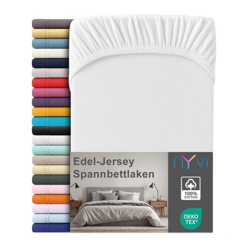 4255636666427 - NYVI Edel Jersey Spannbettlaken Deluxe für Matratzen bis 25 cm Steghöhe - 100% Baumwolle supergekämmt 140g m² Rundumgummizug FarbeWeiß Größe180-200 x 200 cm