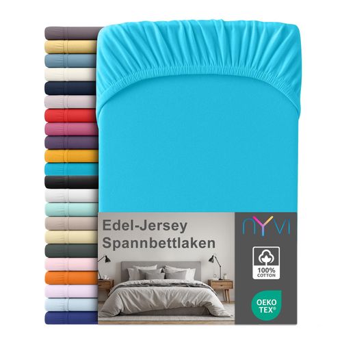 4255636667165 - NYVI Edel Jersey Spannbettlaken Deluxe für Matratzen bis 25 cm Steghöhe - 100% Baumwolle supergekämmt 140g m² Rundumgummizug FarbeTürkis Größe90-100 x 200 cm