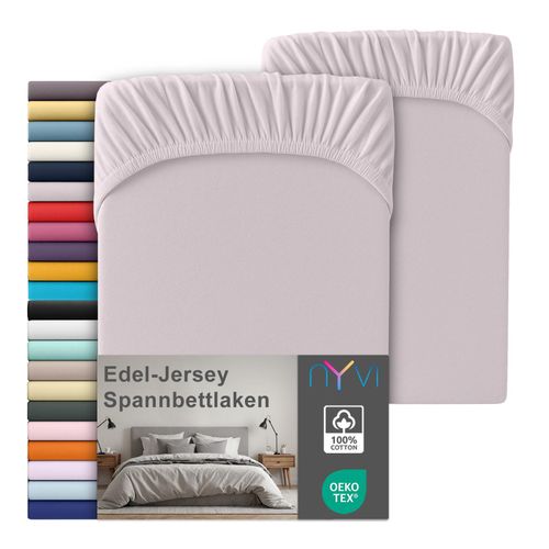 4255636669077 - NYVI Edel Jersey Spannbettlaken Deluxe für Matratzen bis 25 cm Steghöhe - 100% Baumwolle supergekämmt 140g m² Rundumgummizug FarbePlatin Größe140-160 x 200 cm (2er Set)