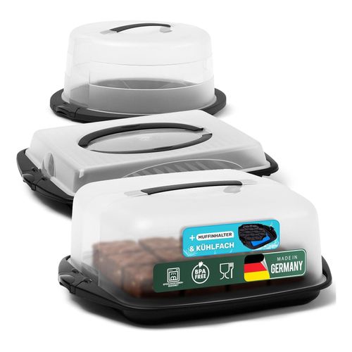 4251888542823 - Novaliv Kuchen-Transportbox 3er Set Rund Eckig und Rechteckig groß Aufbewahrungsboxen mit Deckel Torte Kuchen Dessert Party-Box Container Tortentransportbox Tortenbehälter Transport Behälter