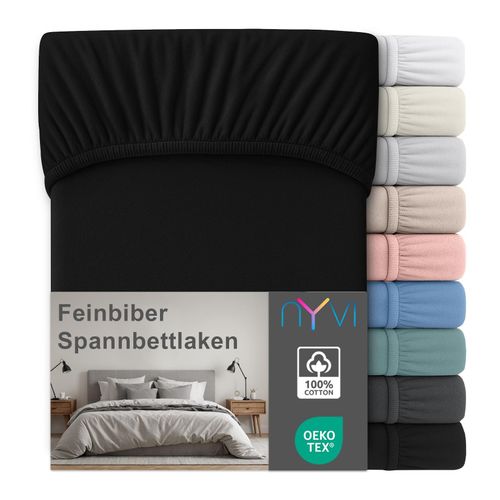 4255636667394 - NYVI Feinbiber Spannbettlaken Deluxe für Matratzen bis 25 cm Steghöhe - Extra Warm & Weich 100% Baumwolle Bügelfrei Vorgekrumpft FarbeSchwarz Größe140x200 cm 4255636667394 - NYVI Feinbiber Spannbettlaken Deluxe für Matratzen bis 25 cm Steghöhe - Extra Warm & Weich 100% Baumwolle Bügelfrei Vorgekrumpft FarbeSchwarz Größe140x200 cm