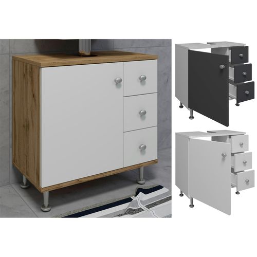 4051814421990 - Holz Waschbeckenunterschrank Badschrank Maße H 61 x B 60 x T 33 cm 1 große Drehtür 3 kleine Schubladen 4 hohe Füße - Nilosi M 4051814421990 - Holz Waschbeckenunterschrank Badschrank Maße H 61 x B 60 x T 33 cm 1 große Drehtür 3 kleine Schubladen 4 hohe Füße - Nilosi M