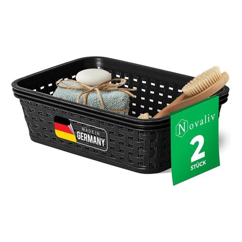 4251888531957 - Novaliv 2 Stück Eleganter Aufbewahrungskorb in Rattan-Optik Schwarz Kunststoff 1L ? Perfekt für Bad & Kleidungsaufbewahrung Aufbewahrungsbox Badezimmer Körbchen Bad Organizer Korb Ordnungsbox