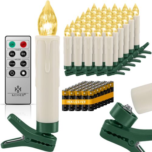 4260663281819 - KESSER® Weihnachtsbaumkerzen 20 LED Inkl Batterien Kabellos - Warmweiß - mit Fernbedienung Funk - Timerfunktion - Flackern - Dimmbar Weihnachtskerzen Christbaumkerzen Befestigungsklammern Kerzen