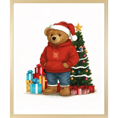 4067437130997 - Bild mit Rahmen QUEENCE Teddy Bär mit Weihnachtsmütze vor Tannenbaum farbe rahmen beige farbe bild(er) rot B40cm H50cm T15cm Acrylglas Holzrahmen Bilder