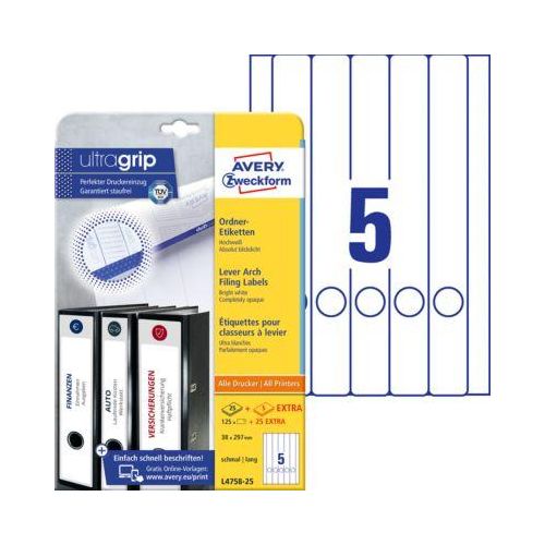 4004182047583 - selbstklebende Rückenschilder ultragrip L4758-25 weiß schmal lang 38x297mm (BxH) selbstklebend permanent  4004182047583 AVERY Zw 150 S