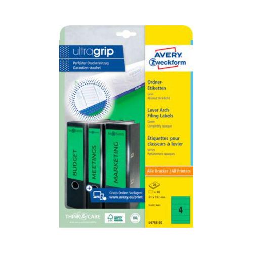 4004182047682 - selbstklebende Rückenschilder ultragrip L4768-20 grün breit kurz 61x192mm (BxH) selbstklebend permanent 4004182047682 AVERY Zwe 20 Bl 4004182047682 - selbstklebende Rückenschilder ultragrip L4768-20 grün breit kurz 61x192mm (BxH) selbstklebend permanent 4004182047682 AVERY Zwe 20 Bl