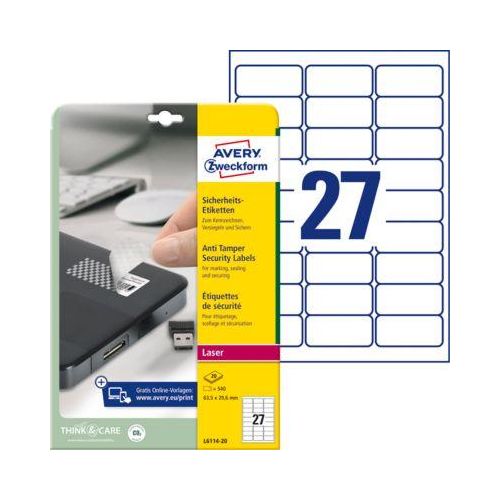 4004182061145 - Avery® Zweckform Etiketten L6114-20 manipulationssicher permanenthaftend druckergeeignet rechteckig Polyester matt weiß 540 Stück auf 20 Bogen