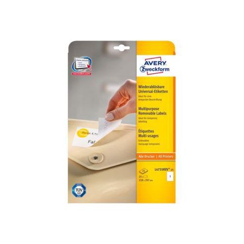 4004182047354 - AVERY Zweckform L4735REV-25 Ablösbare Universaletiketten DIN A4 Weiß 210 x 297 mm 30 Blatt à 1 Etiketten