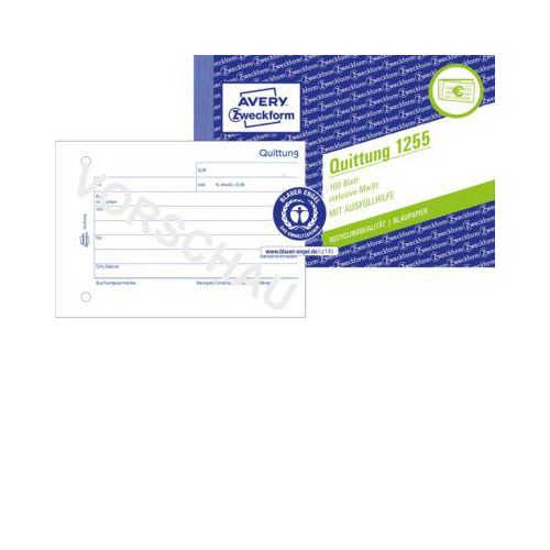 4004182012550 - Avery® Zweckform Quittungsbuch 1255 Querformat A6 inkl Mehrwertsteuer mit 1 Blatt Blaupapier perforiert & gelocht Blauer Engel weiß 100 Blatt