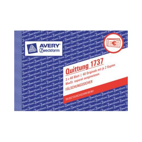 4004182017371 - Quittung 1737 mit MwSt A6 selbstdurchschreibend 3x40 Blatt 4004182017371 AVERY Zweckform 4004182017371 - Quittung 1737 mit MwSt A6 selbstdurchschreibend 3x40 Blatt 4004182017371 AVERY Zweckform