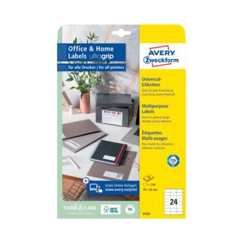 4004182433089 - AVERY Zweckform ultragrip Mehrzwecketiketten 6122 Selbsthaftend DIN A4 Weiß 70 x 36 mm 10 Blatt à 24 Etiketten