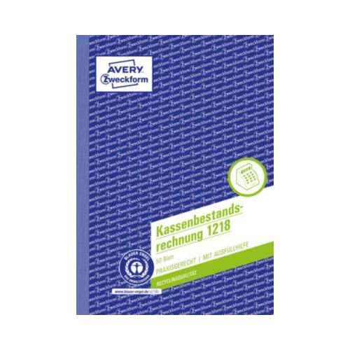 4004182012185 - Avery® Zweckform Kassenbestandsrechnung 1218 A5 mit Ausfüllhilfe ohne Durchschläge perforiert & gelocht Blauer Engel weiß 1 Buch mit 50 Blatt 4004182012185 - Avery® Zweckform Kassenbestandsrechnung 1218 A5 mit Ausfüllhilfe ohne Durchschläge perforiert & gelocht Blauer Engel weiß 1 Buch mit 50 Blatt