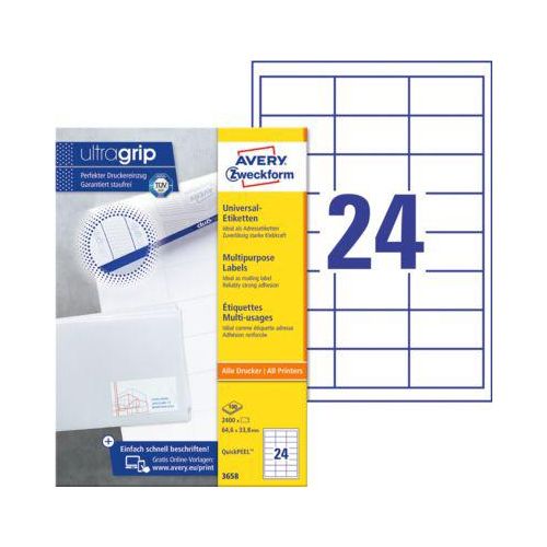 4004182036587 - AVERY Zweckform Abziehhilfe QuickPEELultragrip Mehrzwecketiketten 3658 Selbsthaftend DIN A4 Weiß 646 x 338 mm 100 Blatt à 24 Etiketten