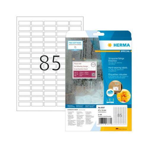 4008705083379 - Folienetiketten HERMA 8337 selbstklebend besonders stark haftend wetterfest bedruckbar B 37 x H 13 mm Folie weiß 2125 Stück 25 Blatt 4008705083379 - Folienetiketten HERMA 8337 selbstklebend besonders stark haftend wetterfest bedruckbar B 37 x H 13 mm Folie weiß 2125 Stück 25 Blatt