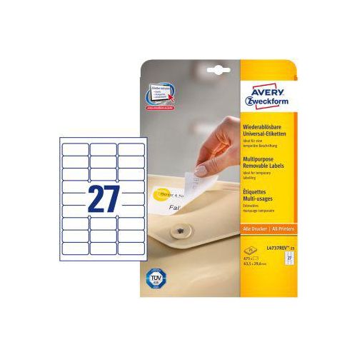 4004182047378 - AVERY Zweckform L4737REV-25 Ablösbare Universaletiketten DIN A4 Weiß 635 x 296 mm 30 Blatt à 27 Etiketten 4004182047378 - AVERY Zweckform L4737REV-25 Ablösbare Universaletiketten DIN A4 Weiß 635 x 296 mm 30 Blatt à 27 Etiketten