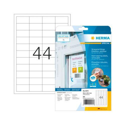 4008705045728 - Folienetiketten HERMA 4572 selbstklebend wiederablösbar wetterfest bedruckbar B 483 x H 254 mm weiß 880 Stück 20 Blatt 4008705045728 - Folienetiketten HERMA 4572 selbstklebend wiederablösbar wetterfest bedruckbar B 483 x H 254 mm weiß 880 Stück 20 Blatt