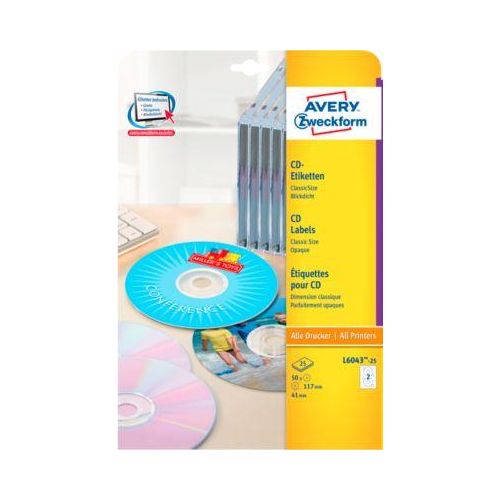 4004182060438 - CD-Etiketten L6043-25 ClassicSize geeignet für Inkjet-& Laserdrucker blickdicht Ø 117 mm 50 Stück 25 A4-Bogen FSC®-Papier weiß