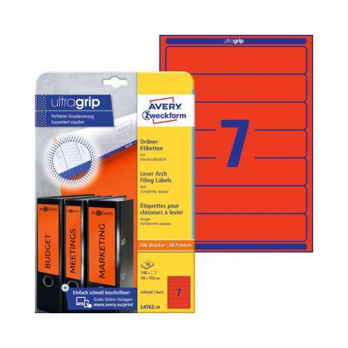4004182047620 - selbstklebende Rückenschilder ultragrip L4762-20 rot schmal kurz 38x192mm (BxH) selbstklebend permanent 4004182047620 AVERY Zwe 140 S 4004182047620 - selbstklebende Rückenschilder ultragrip L4762-20 rot schmal kurz 38x192mm (BxH) selbstklebend permanent 4004182047620 AVERY Zwe 140 S