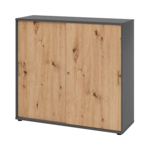 4032062304556 - Schiebetürschrank Breno abschließbar Spanplatte melaminharzbeschichtet B 1200 x T 400 x H 1100 mm 3 Ordnerhöhen Graphit Asteiche
