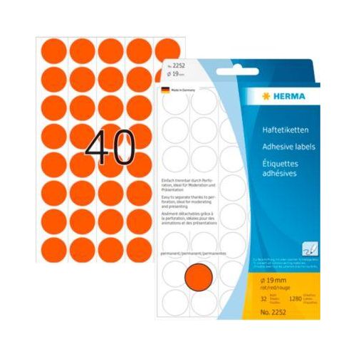4008705022521 - HERMA Klebepunkte 2252 Ø 19 mm selbstklebend permanenthaftend per Hand beschreibbar 1280 Stück auf 32 Blatt FSC®-Papier rot