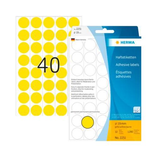 4008705022514 - HERMA Klebepunkte 2251 Ø 19 mm selbstklebend permanenthaftend per Hand beschreibbar 1280 Stück auf 32 Blatt FSC®-Papier gelb 4008705022514 - HERMA Klebepunkte 2251 Ø 19 mm selbstklebend permanenthaftend per Hand beschreibbar 1280 Stück auf 32 Blatt FSC®-Papier gelb