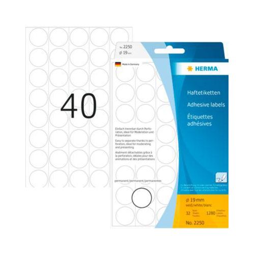 4008705022507 - HERMA Klebepunkte 2250 Ø 19 mm selbstklebend permanenthaftend per Hand beschreibbar 1280 Stück auf 32 Blatt FSC®-Papier weiß