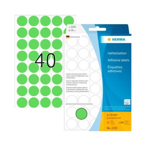 4008705022552 - HERMA Klebepunkte 2255 Ø 19 mm selbstklebend permanenthaftend per Hand beschreibbar 1280 Stück auf 32 Blatt FSC®-Papier grün