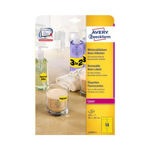 4004182608432 - Avery Neon-Etiketten L7263Y-25 zum Beschriften ablösbar Papier gelb 991 x 381 mm 25 x A4 Bögen 350 Stk