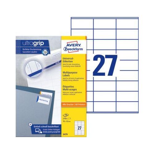 4004182034798 - AVERY Zweckform UltraGrip Laser Universaletiketten 3479 Selbsthaftend DIN A4 Weiß 70 x 32 mm 100 Blatt à 27 Etiketten