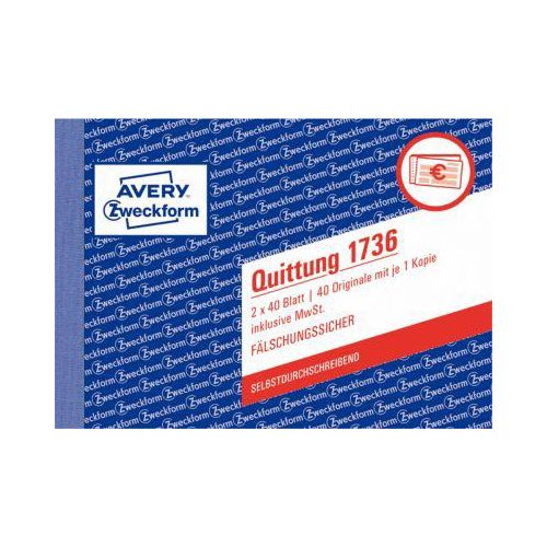 4004182017364 - Quittung Formular Papierformat din A6 quer Anzahl der Blätter 2 x 40 Bl - Avery Zweckform 4004182017364 - Quittung Formular Papierformat din A6 quer Anzahl der Blätter 2 x 40 Bl - Avery Zweckform
