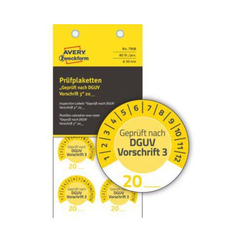 4004182079089 - 7908 Prüfplaketten „DGUV Vorschrift 3“ 20__zum Selbereintragen extrem robust Ø 30 mm 80 Stück 10 Bogen Vinylfolie gelb 4004182079089 - 7908 Prüfplaketten „DGUV Vorschrift 3“ 20__zum Selbereintragen extrem robust Ø 30 mm 80 Stück 10 Bogen Vinylfolie gelb