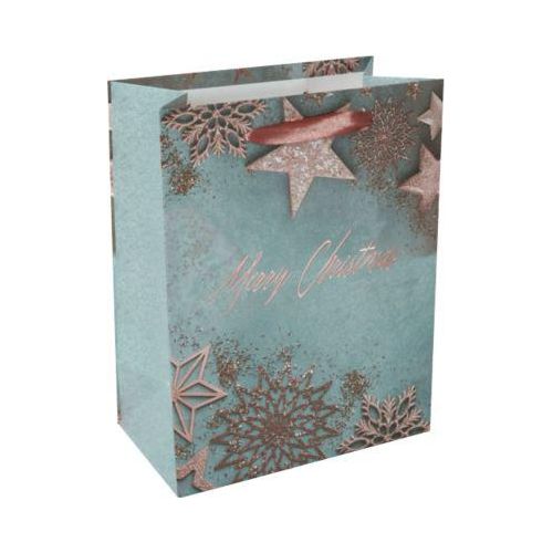 4004360769207 - Geschenktasche Glamorous Christmas Sterne Bodeneinlage Seidenbandgriffe B 180 x T 100 x H 230 mm Weißkarton Kunststoff blau-kupfer 1 Stück