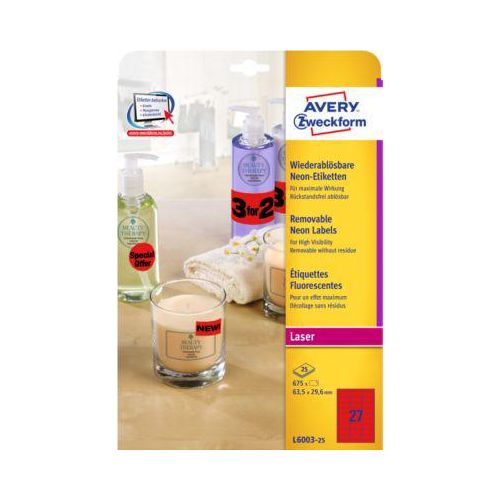 4004182608449 - Avery Neon-Etiketten L6003-25 zum Beschriften ablösbar Papier rot 635 x 296 mm 25 x A4 Bögen 675 Stk