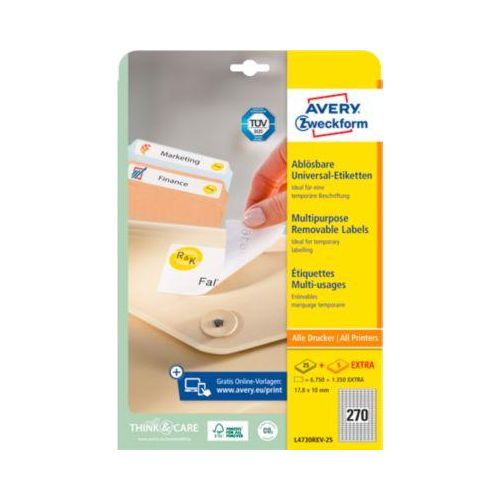4004182047309 - AVERY Zweckform L4730REV-25 Ablösbare Universaletiketten DIN A4 Weiß 178 x 10 mm 30 Blatt à 270 Etiketten 4004182047309 - AVERY Zweckform L4730REV-25 Ablösbare Universaletiketten DIN A4 Weiß 178 x 10 mm 30 Blatt à 270 Etiketten