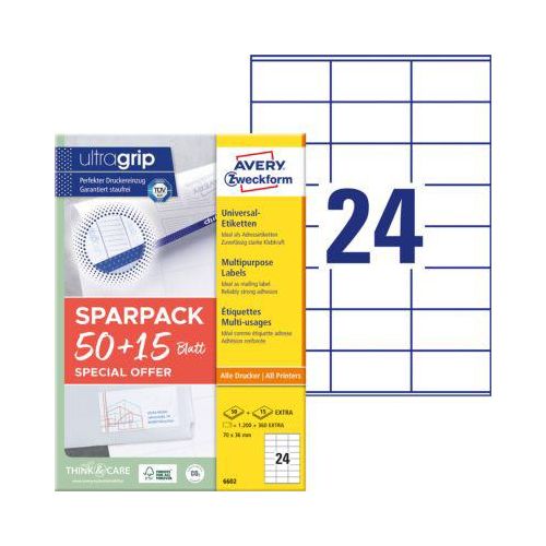4004182066027 - Universaletiketten ultragrip SPARPACK 50 + 15 Blatt 6602 weiß rechteckig 70x36mm (BxH) permanent 1560 Etiketten  4004182066027  1560 